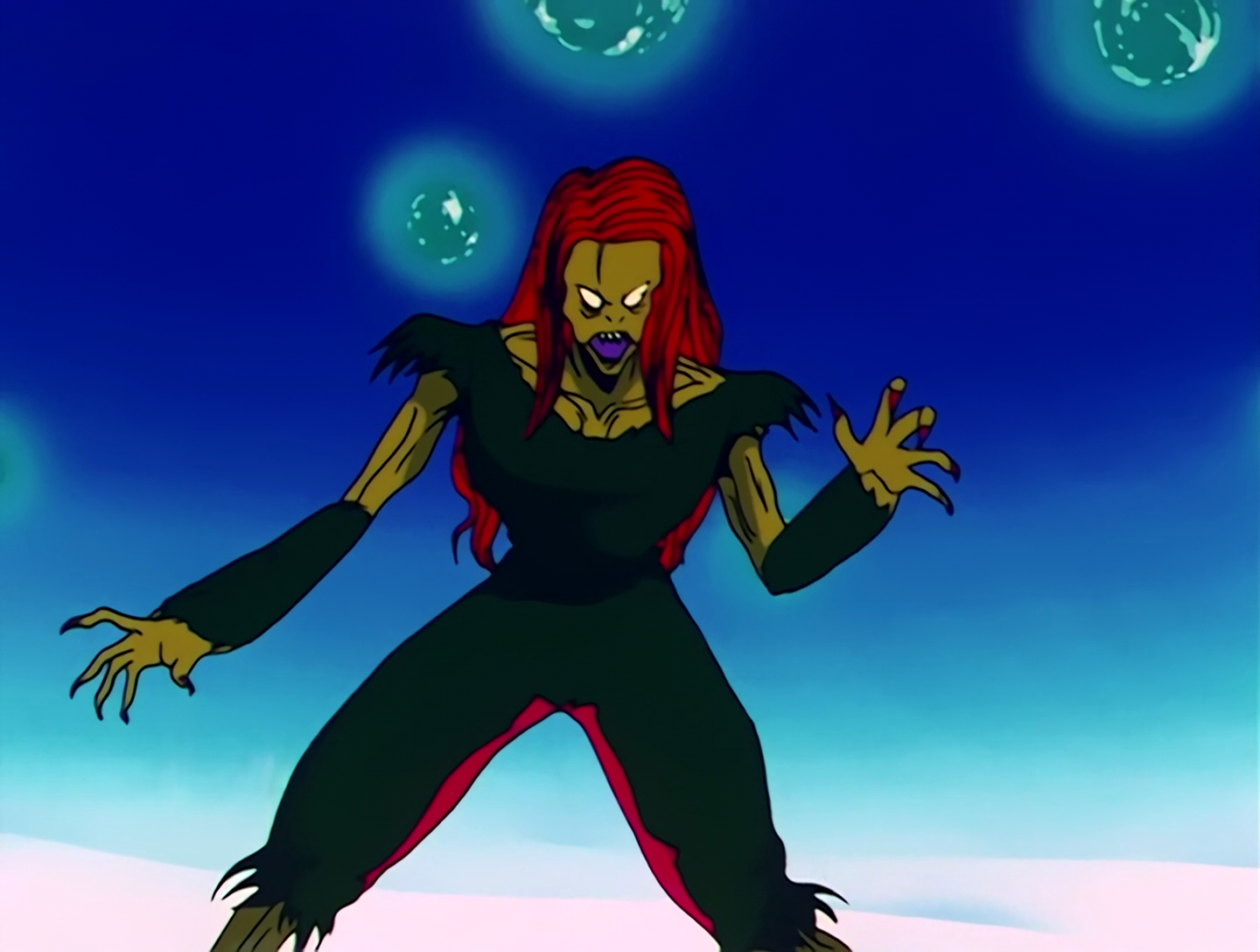 Kigan, a Youma from Sailor Moon episode 10. She’s emaciated with greenish-brown skin and scraggly red hair, and generally looks like a zombie. She’s wearing a black sleeveless bodysuit, with what looks like arm warmers.